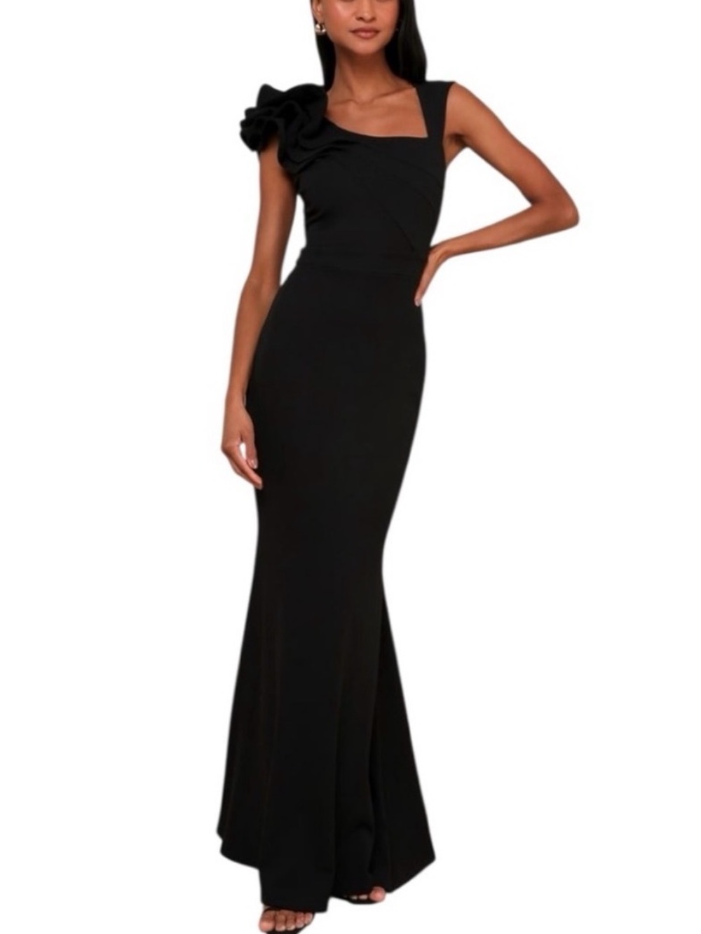 Lulus Lucette Black‎ One Shoulder Mermaid Gown XS NWT